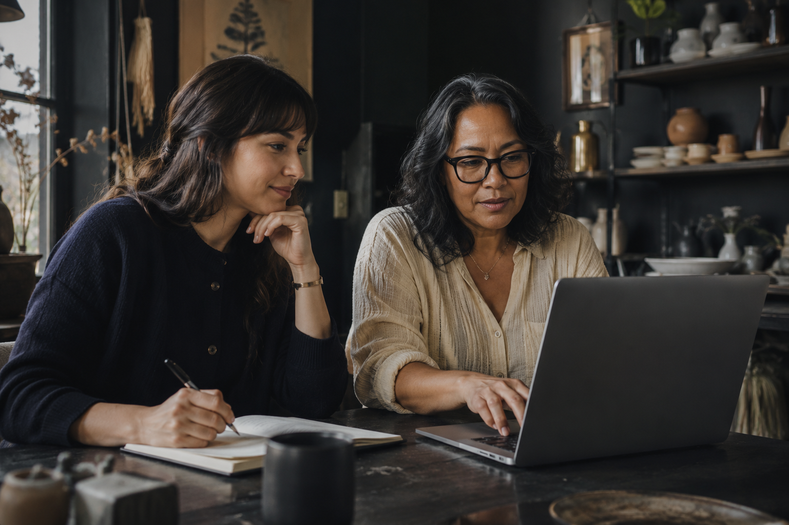 Two people reviewing a website together on a laptop